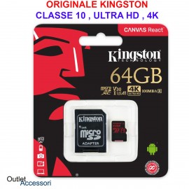 Memoria Memory Card Micro SDXC SD 64gb KINGSTON Canvas React Classe 10 4K HD Originale